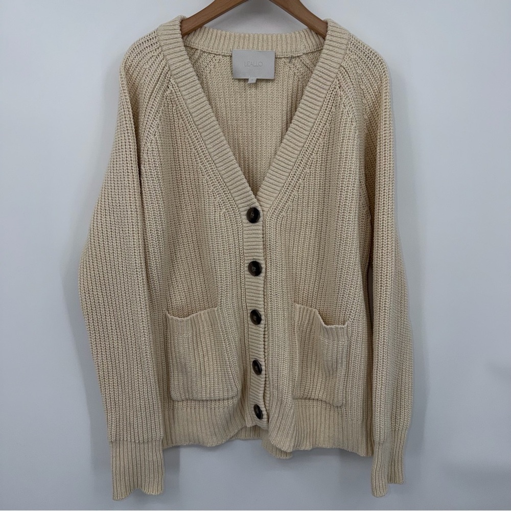 Leallo 100% Cotton Textural-Stitch V-Neck Button Up Cardigan